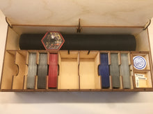 Playmat, card decks and tokens storage box with customisable engraving