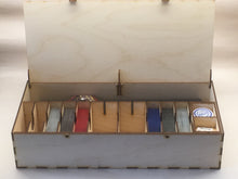 Playmat, card decks and tokens storage box with customisable engraving