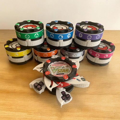 Dice and token storage compatible with Pokémon tcg card game. Includes 8 ability used tokens.