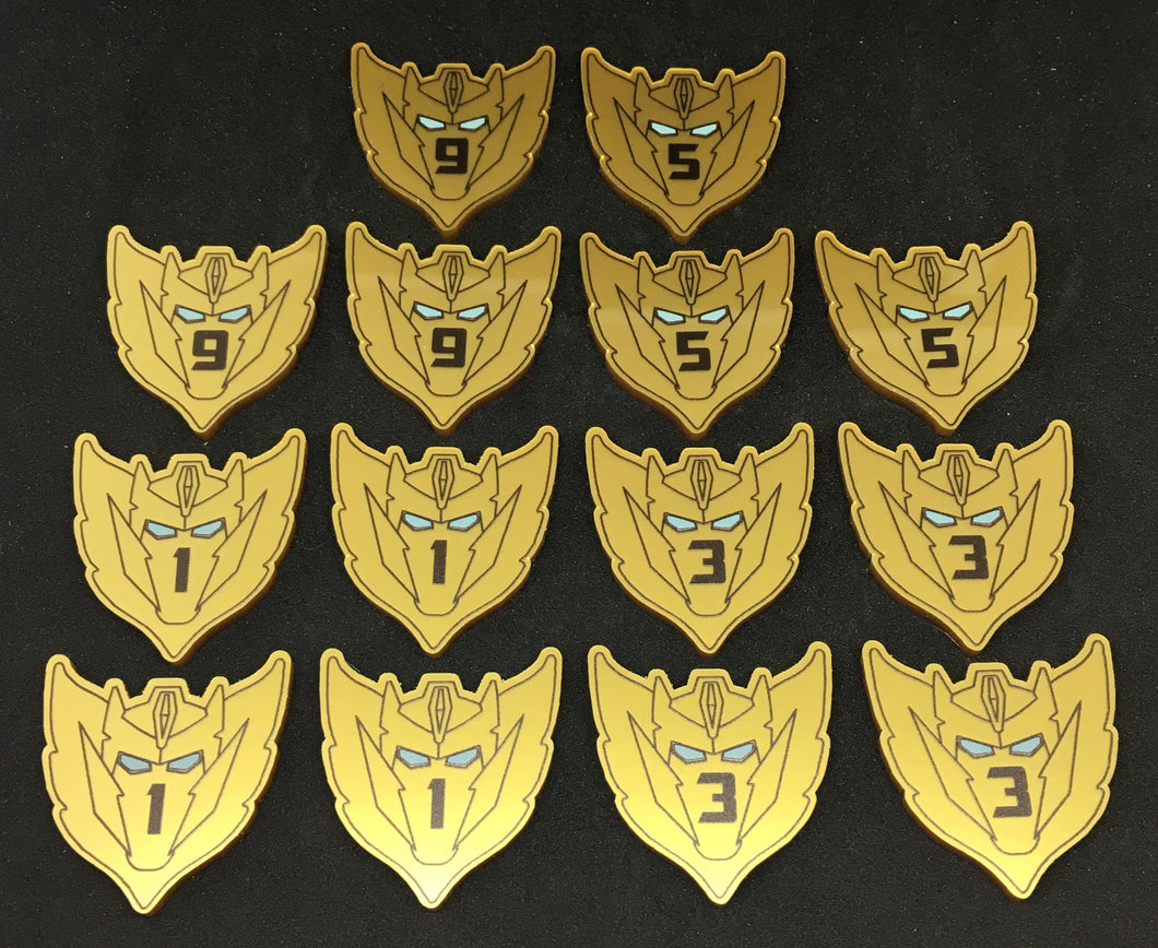 Rodimus star style large damage tokens. Colour printed, scratch resistant. Double sided.