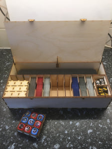 Playmat, card decks and tokens storage box with customisable engraving